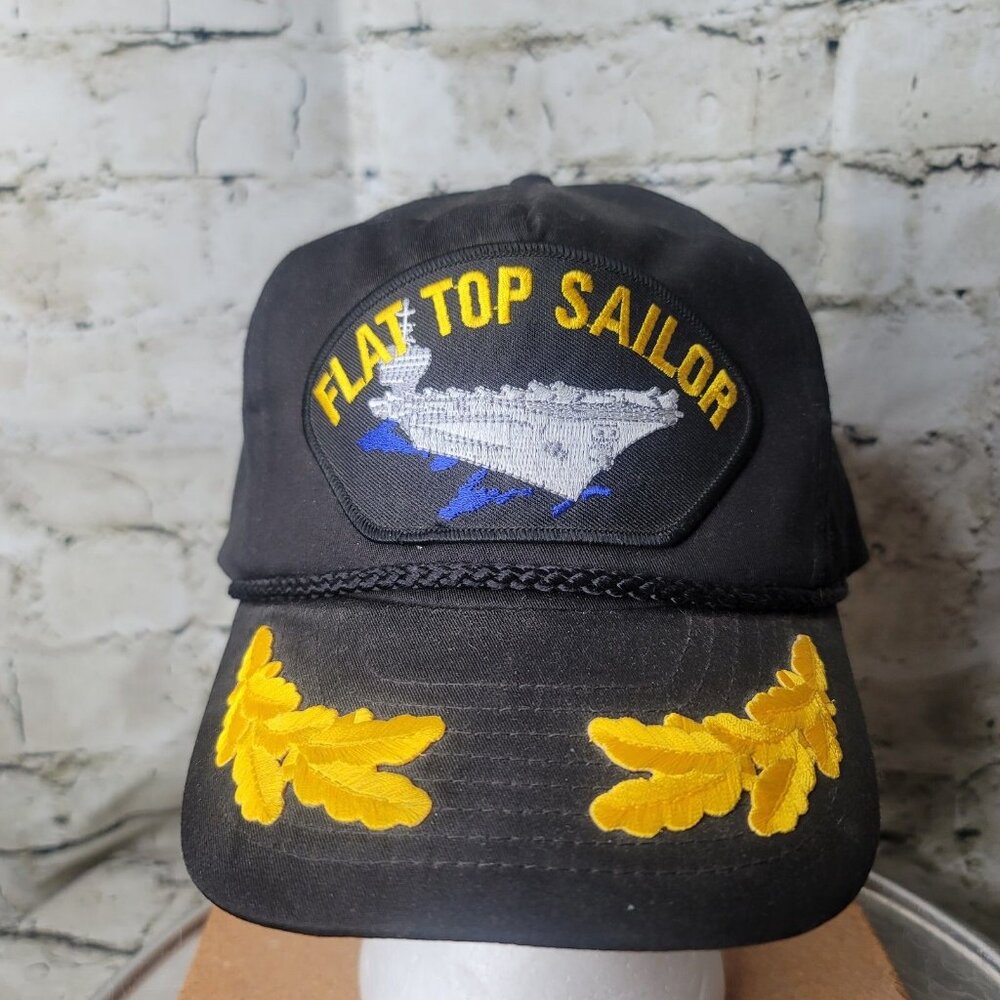 US Navy Flat Top Sailor Men's Patch Cap Hat Navy Black w Gold Oak Leaf Fretting